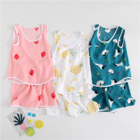 凉爽夏天套装小男孩背心短裤棉绸睡衣 人造棉女童无袖儿童家居服