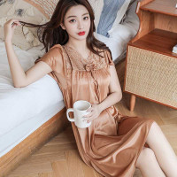 睡衣女夏季薄款冰丝短袖蕾丝韩版性感宽松大码冰丝睡裙家居服