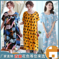 韩版加长款棉绸睡裙女士短袖加大码睡衣夏季人造棉宽松舒适居家服
