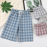 睡裤男士纯棉短裤夏季家居裤全棉纱布五分裤格子沙滩裤薄款可外穿