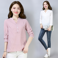 班俏BANQIAO大码T恤女秋季新款宽松时尚文艺条纹棉麻女装上衣休闲长袖V领t恤女打底衫