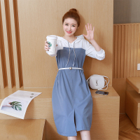 班俏BANQIAO大码连衣裙2019年秋季拼色拼接宽松大码中长款休闲纯色卫衣连帽开叉连衣裙女