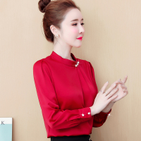 班俏BANQIAO雪纺衬衫女长袖洋气打底内搭2023春装设计感小众衬衣红色缎面上衣