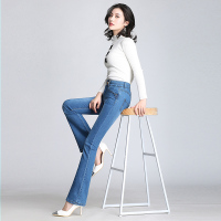 班俏BANQIAO2023春秋高腰微喇牛仔裤女显瘦直筒长裤大码弹力喇叭裤宽松阔腿裤