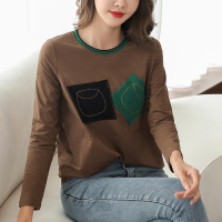 班俏BANQIAO2021春秋季OL气质韩版女装长袖女士T恤拼接时尚圆领宽松型大码t恤女装