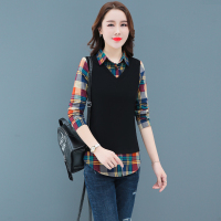 班俏BANQIAO洋气格子衬衫女2021春秋新款韩版宽松长袖上衣设计感假两件打底衫