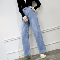 班俏BANQIAO2021高腰牛仔裤女显瘦宽松阔腿新款春夏不规则腰头直筒