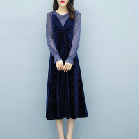 班俏BANQIAO秋装2021年新款洋气减龄连衣裙大码女装胖妹妹显瘦遮肉网纱拼接裙女装