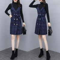 班俏BANQIAO2021年秋冬新款名媛风打底小香背带裙女收腰显瘦连衣裙子两件套装女装