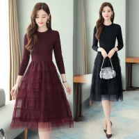 班俏BANQIAO针织网纱拼接连衣裙女2021春秋新款收腰显瘦气质打底蛋糕a字长裙女装