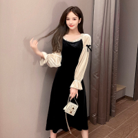 班俏BANQIAO连衣裙女2021年秋季新款法式桔梗裙复古拼接金丝绒方领中长款裙子女装