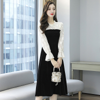 班俏BANQIAO秋季2021新款韩版蕾丝拼接假两件长袖连衣裙女气质收腰黑色中长裙女装