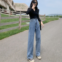 班俏BANQIAO2020秋季新款小个子阔腿裤高腰牛仔裤女直筒裤显瘦宽松拖地裤