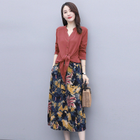 班俏BANQIAO连衣裙两件套女2021秋季新款复古衬衫套装减龄显瘦气质印花长袖连衣裙女装