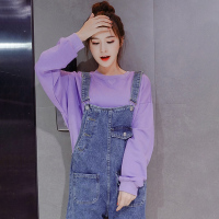 班俏BANQIAO网红秋季新款小个子套装女两件套休闲减龄潮长袖卫衣牛仔背带裤女装