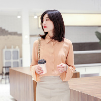 班俏BANQIAO女士衬衫女薄款2021秋季新款女装纯色百搭长袖雪纺设计感小众喇叭袖上衣潮