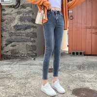 班俏BANQIAO牛仔裤女2021秋季新款高腰修身显瘦毛边修身小脚铅笔九分裤