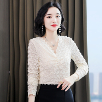 班俏BANQIAO2020秋季新款女装长袖V领内搭打底衫女蕾丝衫上衣百搭洋气小衫女