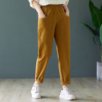 班俏BANQIAO2020秋季装新款宽松大码显瘦休闲长裤女时尚简约休闲条绒阔腿哈伦裤