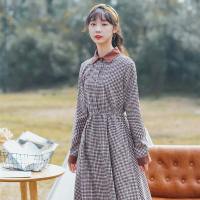 班俏BANQIAO2021春季新款初中高中学生连衣裙格子灯心绒衬衣领长袖中长款女装