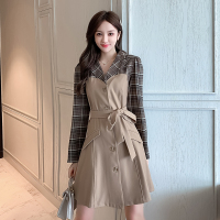 班俏BANQIAO2021春秋新款女黑色西装领假两件收腰显瘦长袖长款系带收腰连衣裙