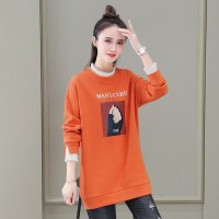 班俏BANQIAO蕾丝拼接圆领卫衣女春秋薄款2021新款中长款韩版宽松显瘦洋气上衣