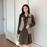 班俏BANQIAO2021春秋新款法式设计感小众格子不规则连衣裙女装马甲长袖衬衫裙两件套装女