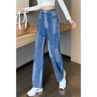 班俏BANQIAO街头风不规则拼色牛仔裤女2021新款宽松韩版高腰ins潮流直筒长裤
