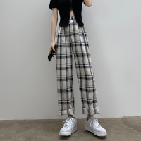 班俏BANQIAO黑白格子裤子女春秋新款高腰宽松直筒垂感秋季休闲裤复古阔腿长裤
