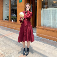 班俏BANQIAO大码中长款长袖连衣裙2021早秋新款红色温柔风气质收腰显瘦裙子