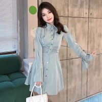 班俏BANQIAO2021韩版新款法式衬衫连衣裙女长袖高腰短款裙子收腰显瘦衬衣裙女秋季