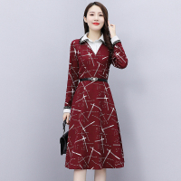 班俏BANQIAO微胖女神时尚OL印花连衣裙女2021年秋季新款收腰显瘦假两件衬衫裙