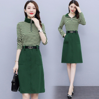班俏BANQIAO早秋新款连衣裙秋季2021今年流行时尚减龄洋气长袖绿色条纹裙子女