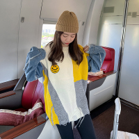 班俏BANQIAO2022大码女装不规则撞色笑脸拼接毛衣胖mm百搭休闲针织毛衣