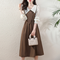 班俏BANQIAO2022秋季中长款韩版拼接娃娃领甜美假两件长袖抽褶显瘦连衣裙