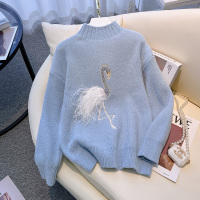 班俏BANQIAO半高领雪尼尔亮片天鹅套头毛衣女2022秋冬宽松甜美针织衫外穿