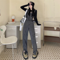 班俏BANQIAO秋冬大码烟灰色牛仔背带裤宽松阔腿裤开叉拖地裤S-5XL200斤