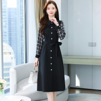 班俏BANQIAO裙子新款春秋流行格纹撞色拼接设计感小众连衣裙法式衬衫裙