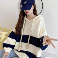 班俏BANQIAO韩版宽松条纹慵懒风连帽套头毛衣女秋冬新款洋气减龄港风针织外套