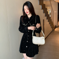 班俏BANQIAO2022秋冬新轻奢女装连衣裙法式赫本风小黑裙收腰显瘦a字裙