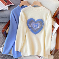 班俏BANQIAO大码女装2022秋冬胖MM字母爱心刺绣宽松针织毛衣外套上衣
