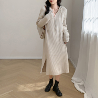 班俏BANQIAO2023韩版秋冬休闲连帽卫衣裙宽松半开胸拉链显瘦针织毛衣长裙