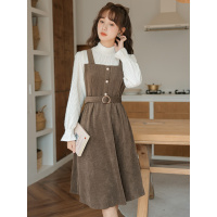 班俏BANQIAO背带连衣裙少女小个子秋季假两件灯芯绒日系奶系穿搭奶fufu裙子