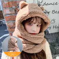 冬天小熊耳朵帽子围巾一体女秋冬季百搭可爱骑车毛绒保暖韩版潮