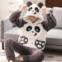 冬季法兰绒睡衣男卡通加厚青少年男士连帽加大码家居服套装