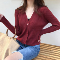 2019新款韩版宽松外搭v领针织开衫毛衣外套女短款长袖上衣打底衫