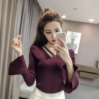 [新款喇叭袖]2019春淑女气质喇叭袖打底针织衫V领长袖套头毛衣