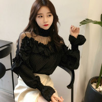 韩版潮流圆点蕾丝露肩透视网纱拼接喇叭袖波点上衣女气质长袖衬衫