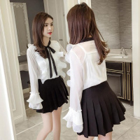 雪纺衫女长袖2019春季新款蝴蝶结宽松系带打底衬衣女