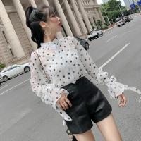 慵懒飘逸上衣喇叭袖波点雪纺衬衫女透视防晒衬衣